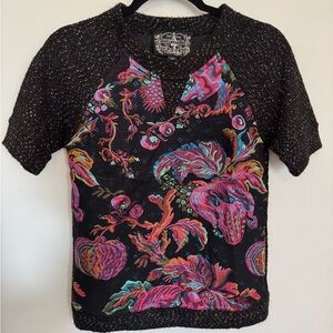 ANTHROPOLOGIE James Coviello Black Floral Metallic Brocade Knit Top